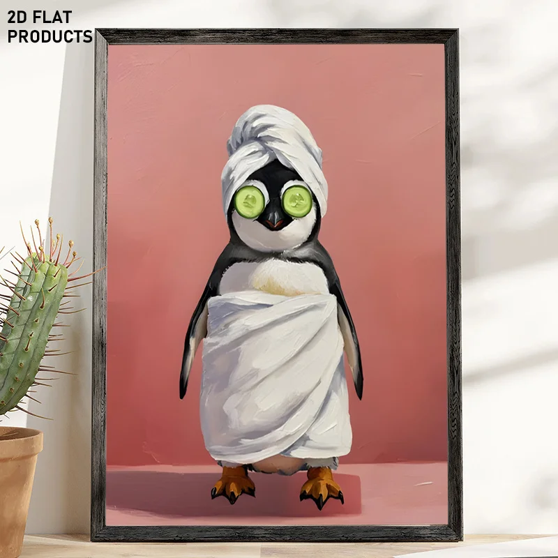2D Flat, 2D Flat, 1pc, Multi-Size Frameless Canvas Painting, Featuring a Penguin Getting a Beauty Treatment with a Towel on I
