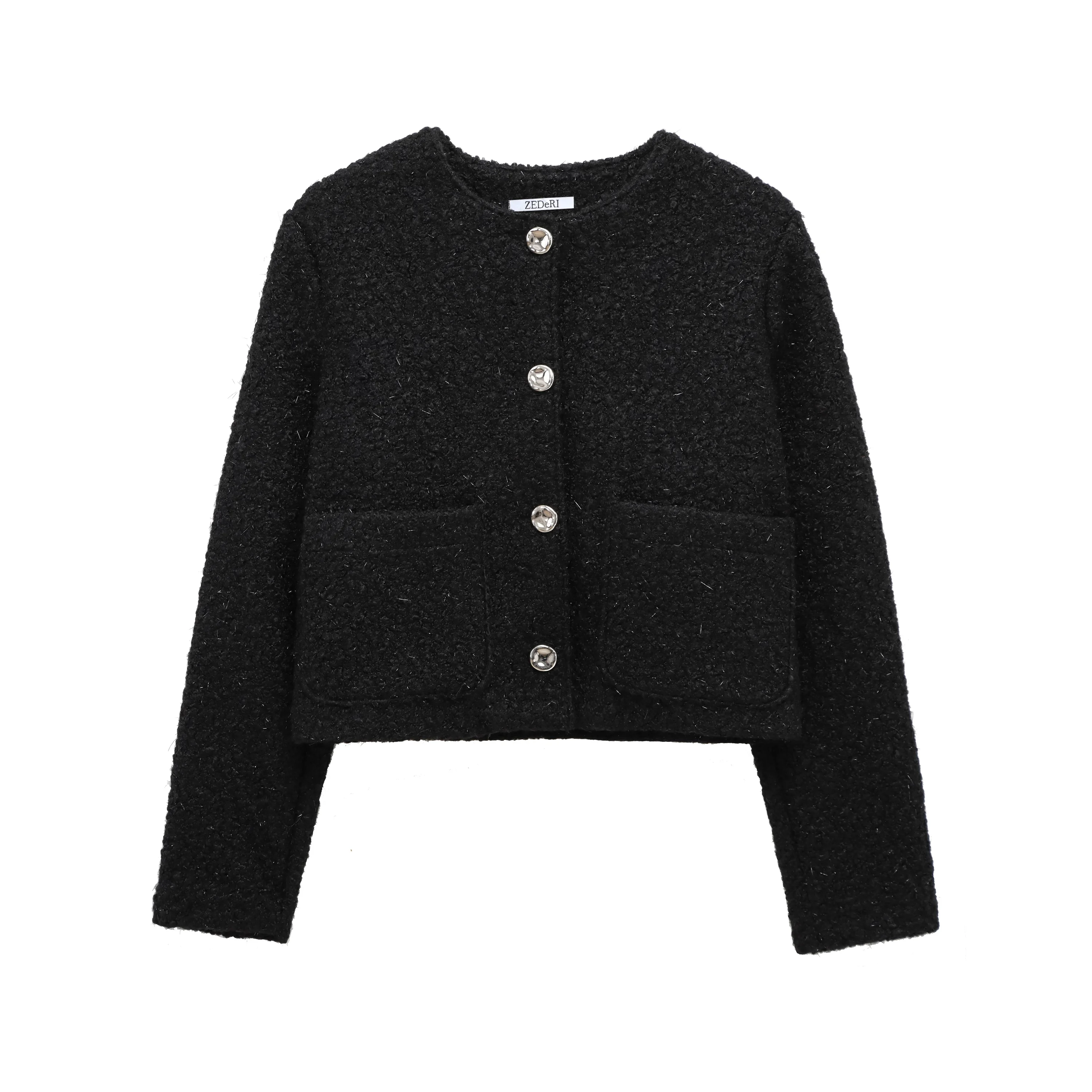 Tangada Women Black Beading Coat Buttons 2025 Female Warm Outwear PH078