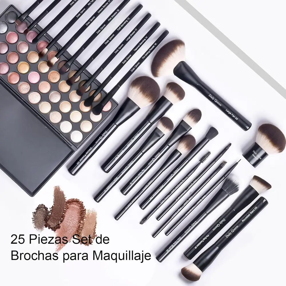 Lot de 25 pinceaux de maquillage professionnels noirs avec support – Pinceaux Kabuki, poudre, anticernes, fard à joues, eye-liner, sourcils, contour et estompeurs pour les yeux