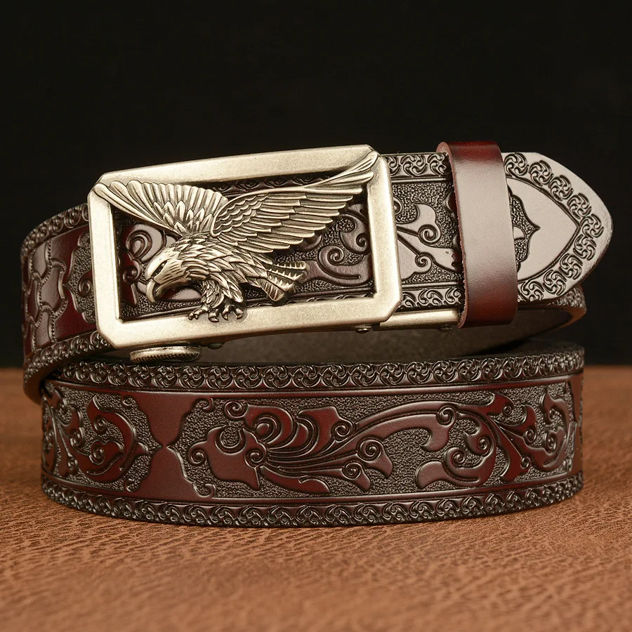 SupSindy Men Genuine Leather Belt Luxury USA Eagle Metal Automatic Buckle Cowhide Belts for Men Jeans Waistband Male Strap Black