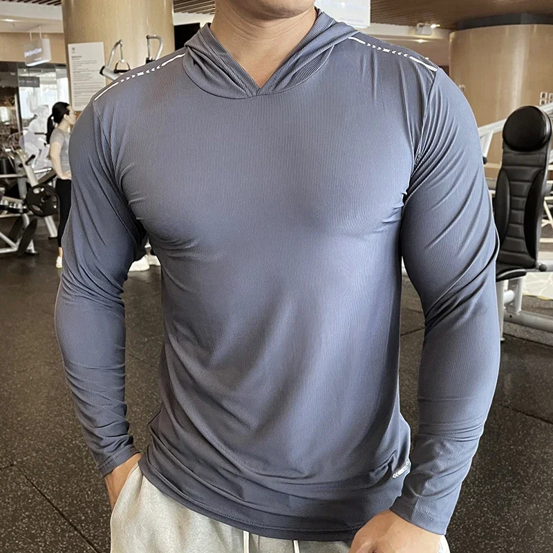 Gym Men T Shirt Casual Long Sleeve Slim Tops Tees Elastic T-shirt Sports Fitness Thin Comfort Breathable Quick Dry Hooded