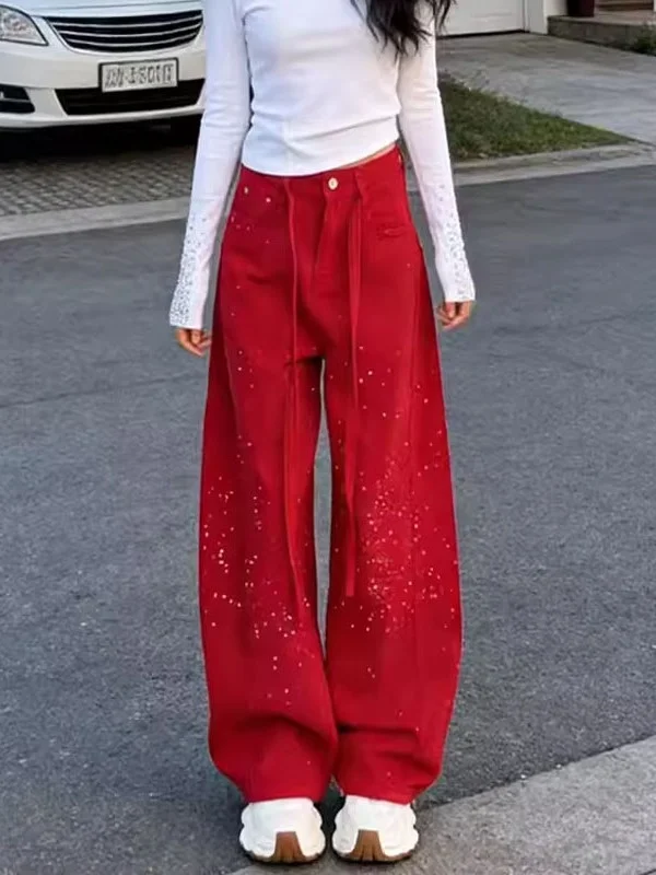 

Heavy Duty Star Red Denim Jeans Women Loose Slimming Wide Leg Long Pants High Waist Commute Style Embellished with Rhinestones