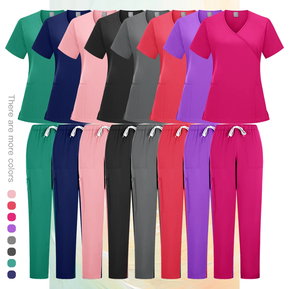 

Female multi-color high-quality fashion nurse set, short-sleeve V-neck top + pants, pet hospital clinic medical work clothes