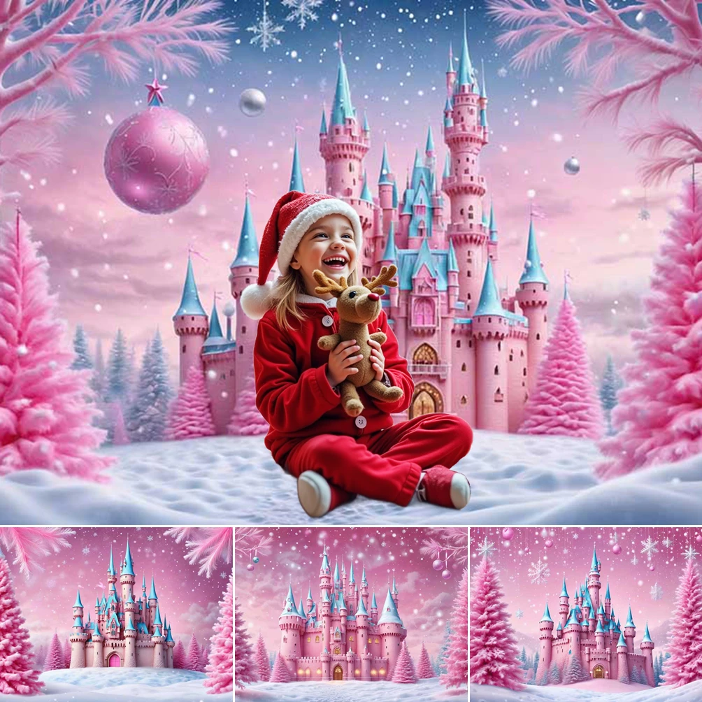 

MOON.QG Pink Christmas Castle Background Photography Snowflake Xmas Trees Backdrop Baby Shower Accessories Kids Party Supplies