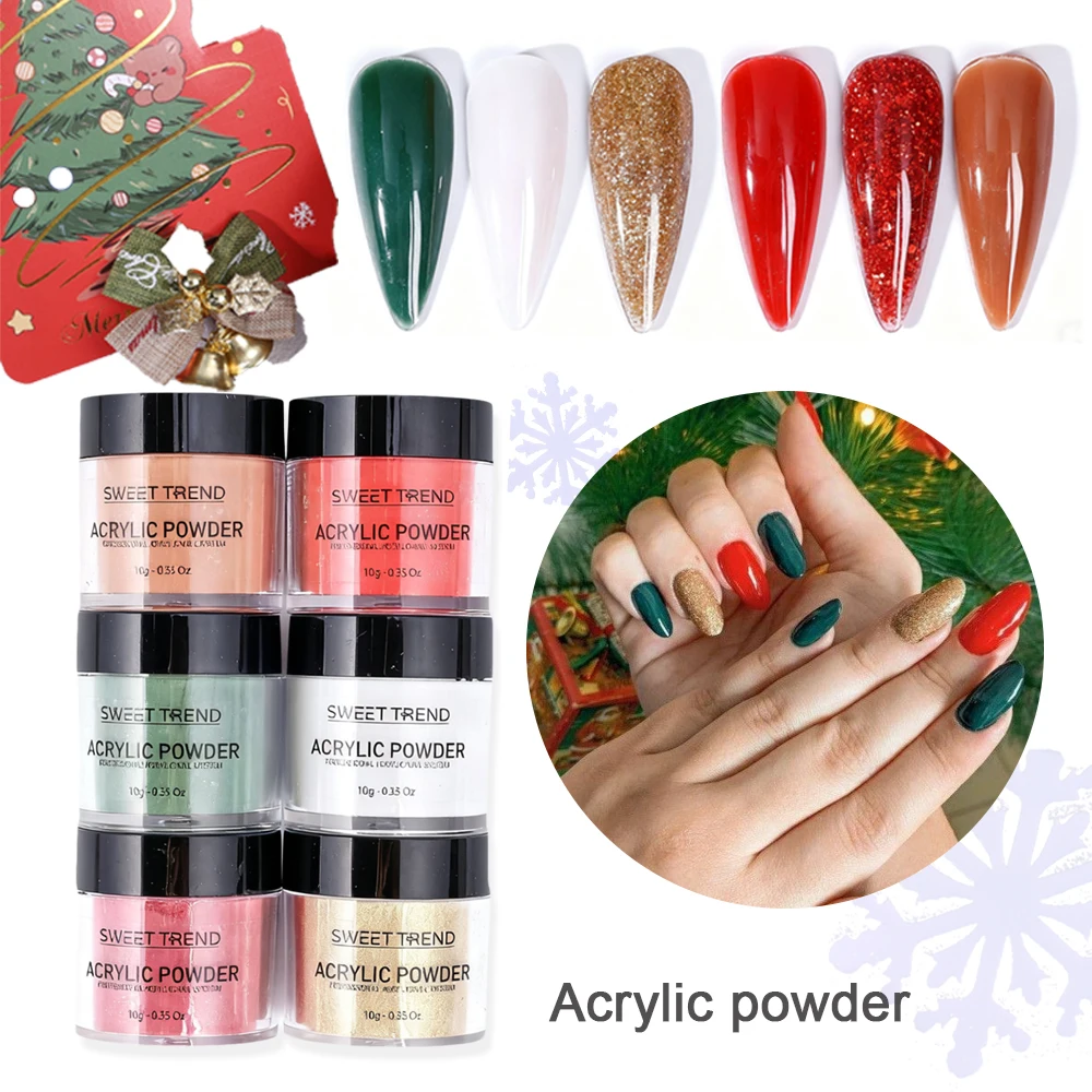 6 قطعة عيد الميلاد الاكريليك مسمار مسحوق 10 جرام 3IN1 تمديد/نحت/غمس مسحوق الكريستال لخريف شتاء السنة الجديدة مانيكير ديكور