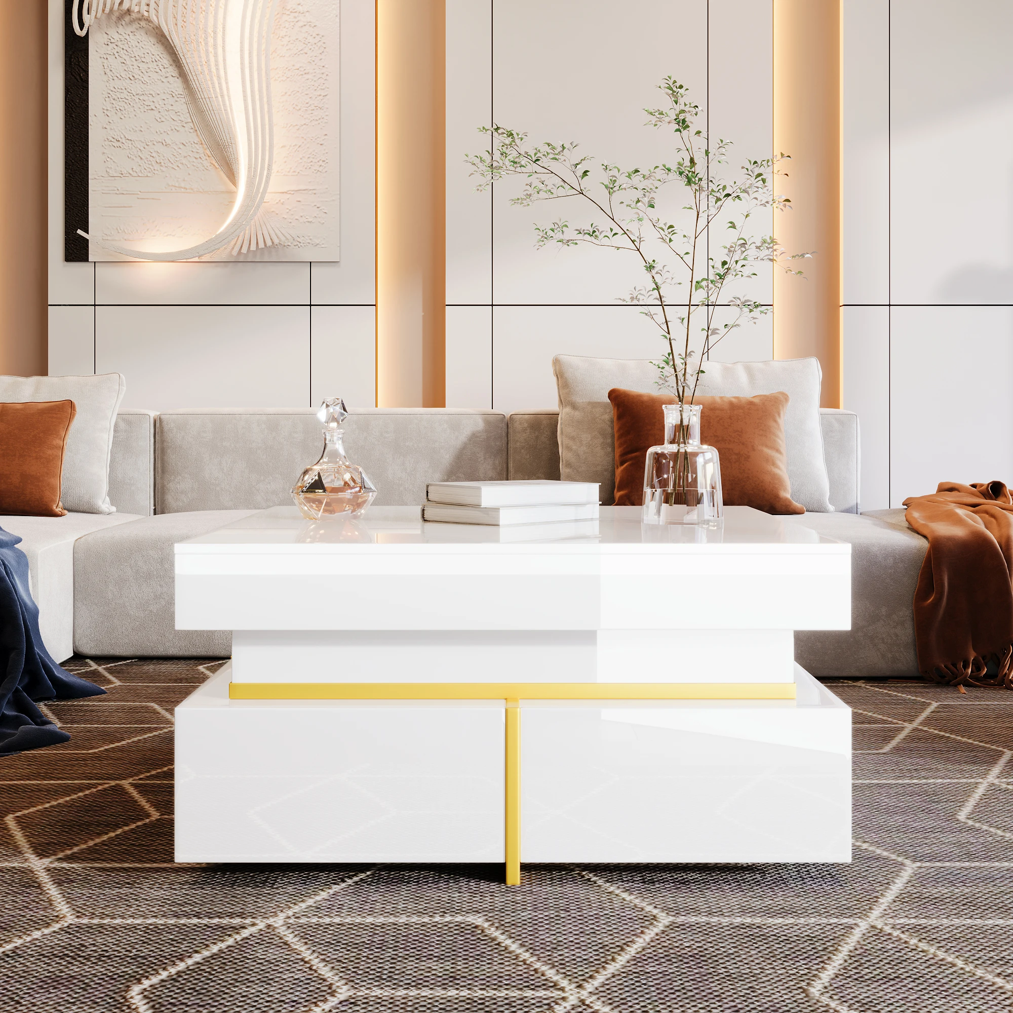 Coffee table, high-gloss living room table, side table with drawers and golden accents