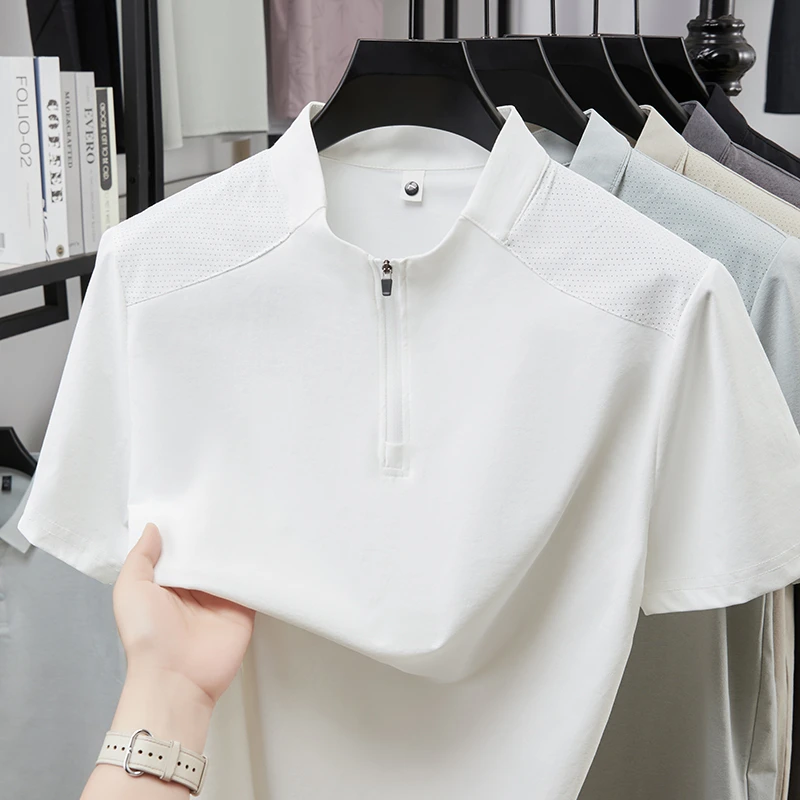 Herren Kurzarm-Poloshirts mit Halbem Reißverschluss und Stehkragen Lässige Sommer-Oberteile Leichte Atmungsaktive Hemden für Männer – Detail 14