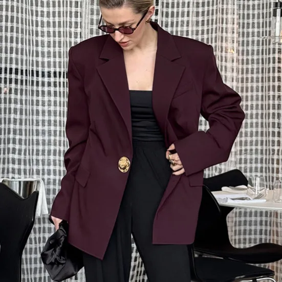 

Elegant Wine Red Suit Jacket For Women European And American Style Slimming High-End Feel Autumn New Arrival Topwear