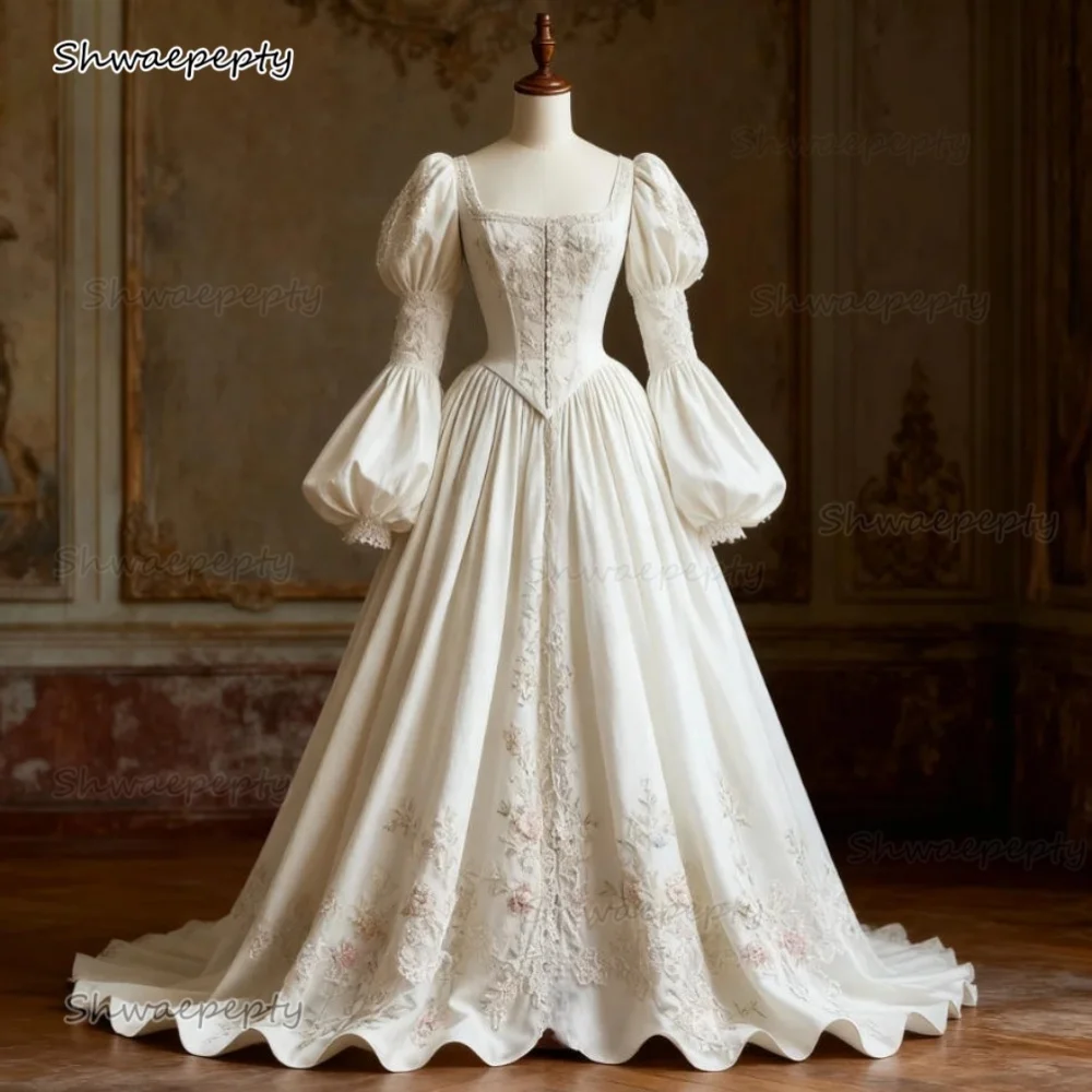Vintage Victorian White Wedding Dress Lace Appliques Long Sleeve Square Collar Medieval Princess Satin Bride Gown Customized