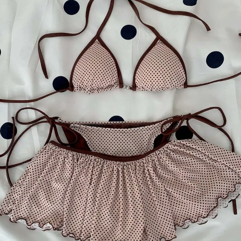 

New Ins Style Girl Pure Desire Polka Dot Three-point Strap-on Sexy Split Skirt Style Bikini Set Resort Swimsuit Girl Summer 2025