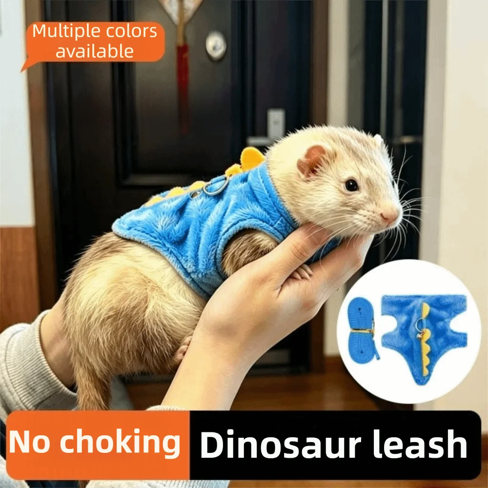 Adjustable Ferret Vest Harness Dinosaur Shape with Bell Hamster Chest Strap Escape-Proof Comfortable Pet Traction Rope Outdoor