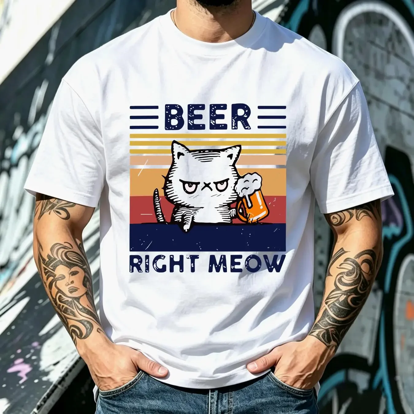 washed T Shirt Beer Right Meow Drunk Pub Cat 44 vintage Washed Stylish Top For Everyday Wear Slightly Breathable streetwear