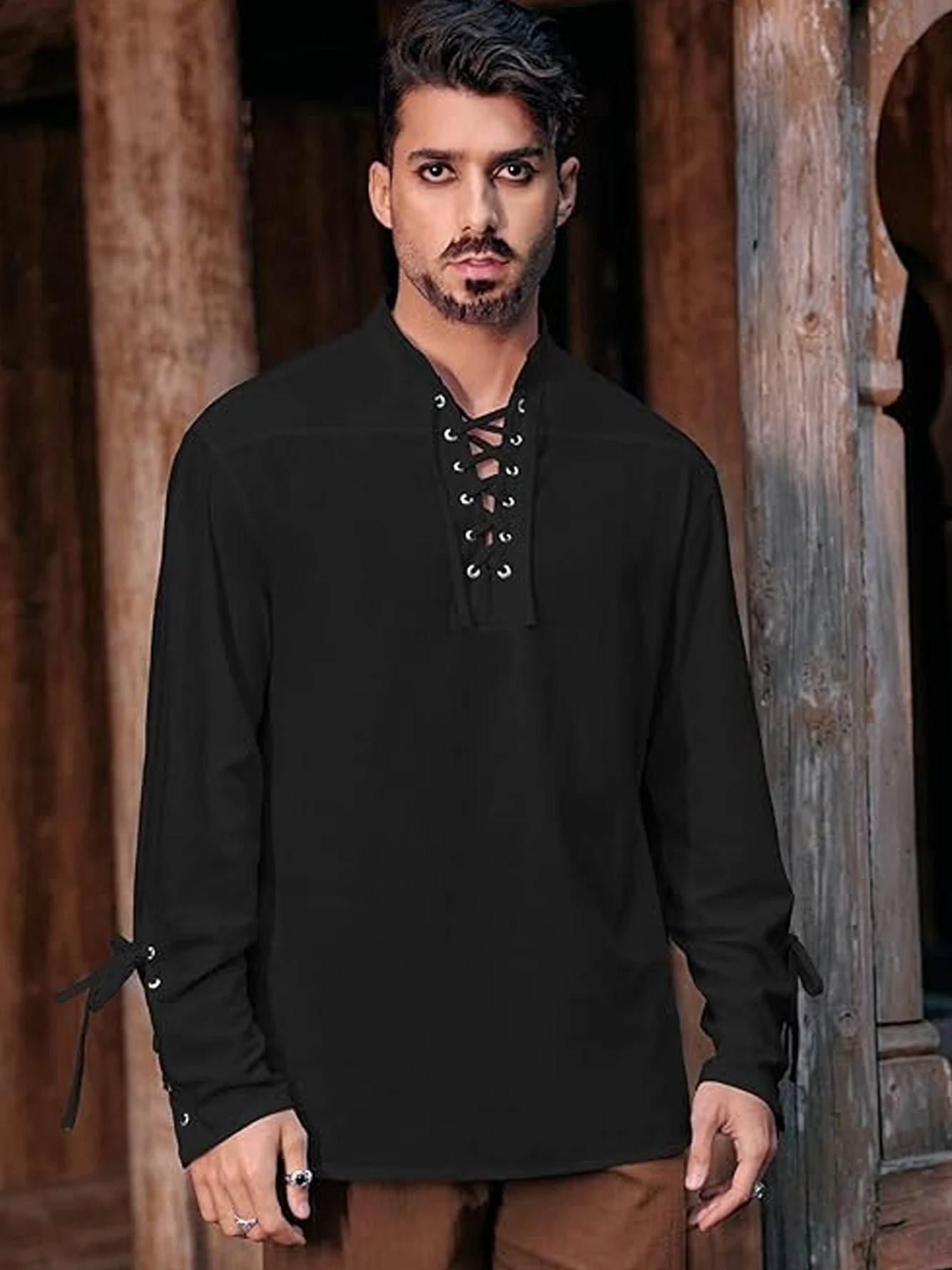 Men'S Medieval Pirate Steampunk Retro Renaissance Viking Long Sleeve Shirt - Olive Green with Drawstring Collar & Belted Waist
