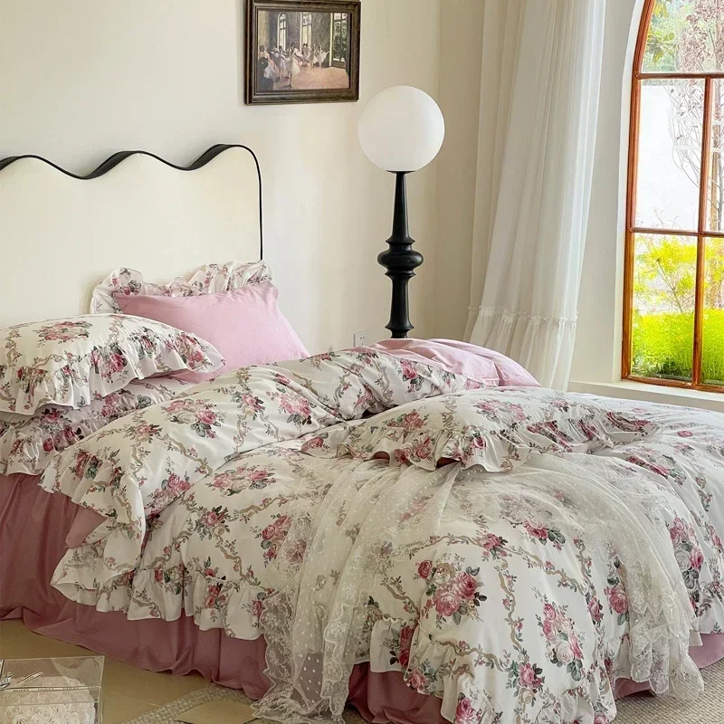 

100% Cotton French Style Vintage Rose Lace Ruffles Bedding Set Flowers Duvet Cover Solid Color Bed Skirt Bedspread Pillowcases