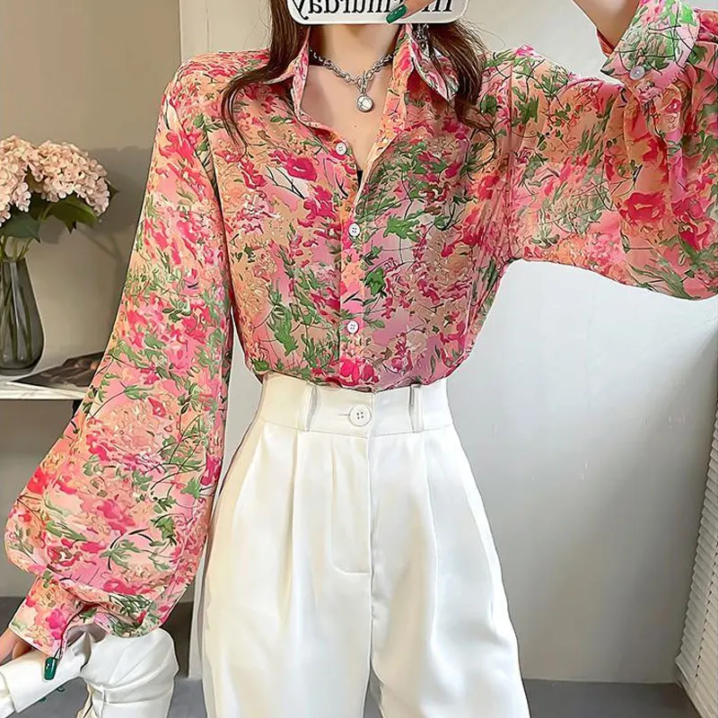 Japan Style Flowers Printed Blouse Fashion Turn-down Collar Spring New Long Sleeve Female Clothing Commute Single-breasted Shirt