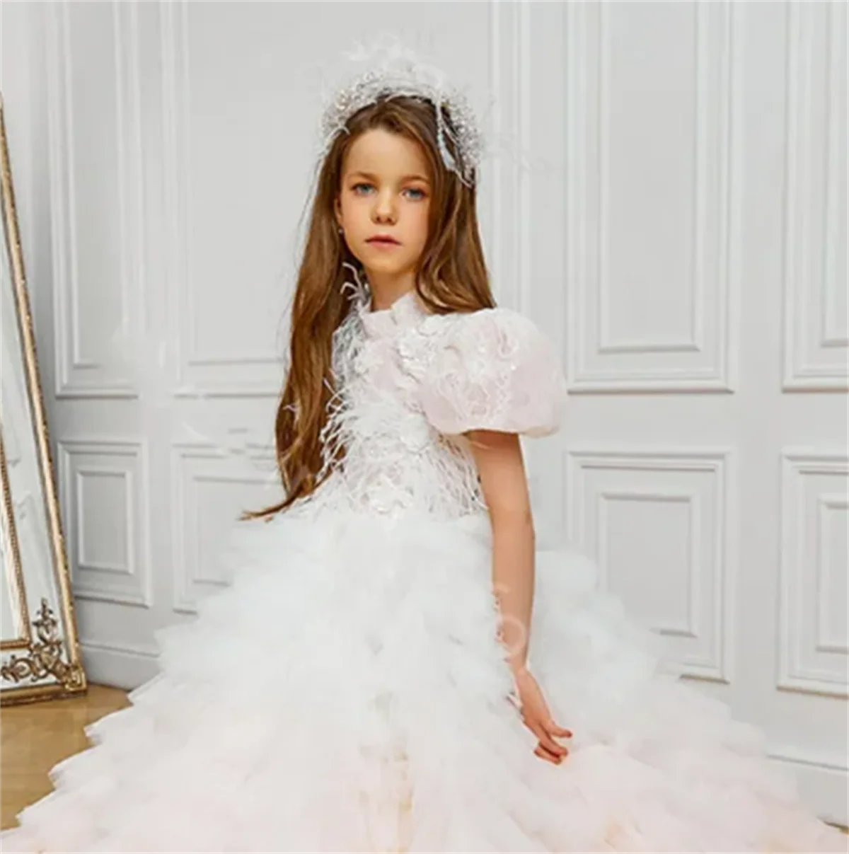 EVLAST Pink Flower Girl Dress Layered Tulle Applique Lace per matrimoni primo compleanno eucaristico per bambini vestito da comunione TFD050