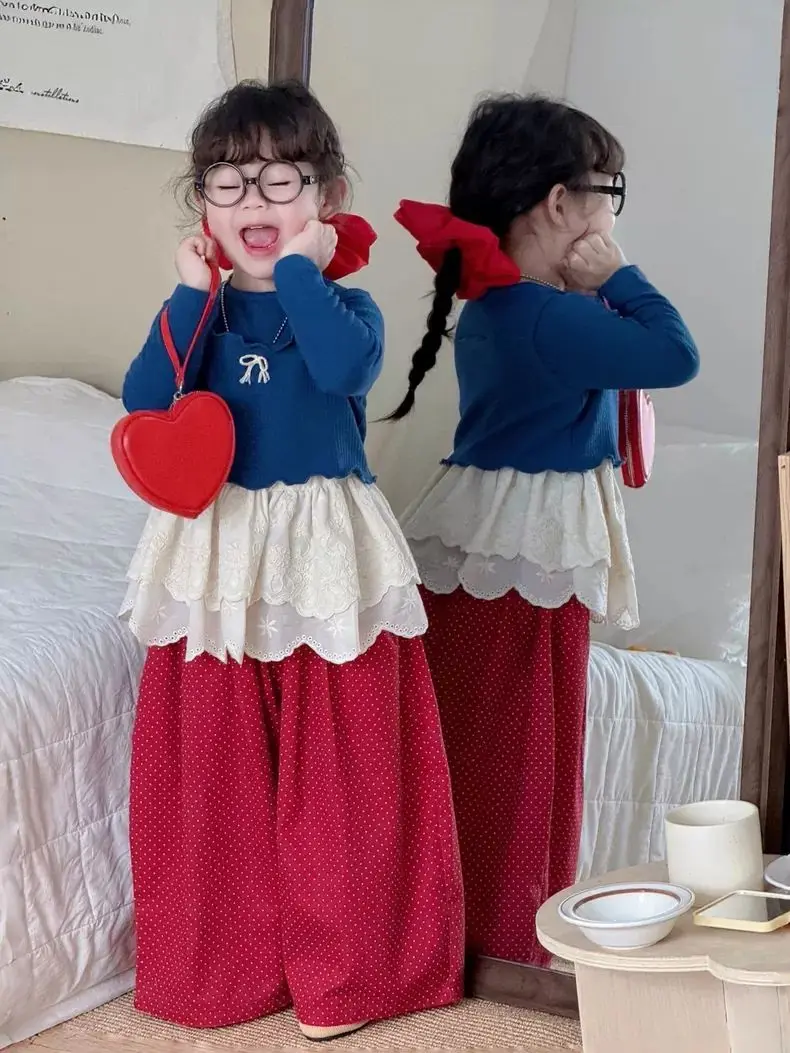 Korean Children's Clothing Set Baby Girls Spring Autumn Long Sleeves knit Bottoming Shirt +Vest +Short Skirt+ Red Loose Pants