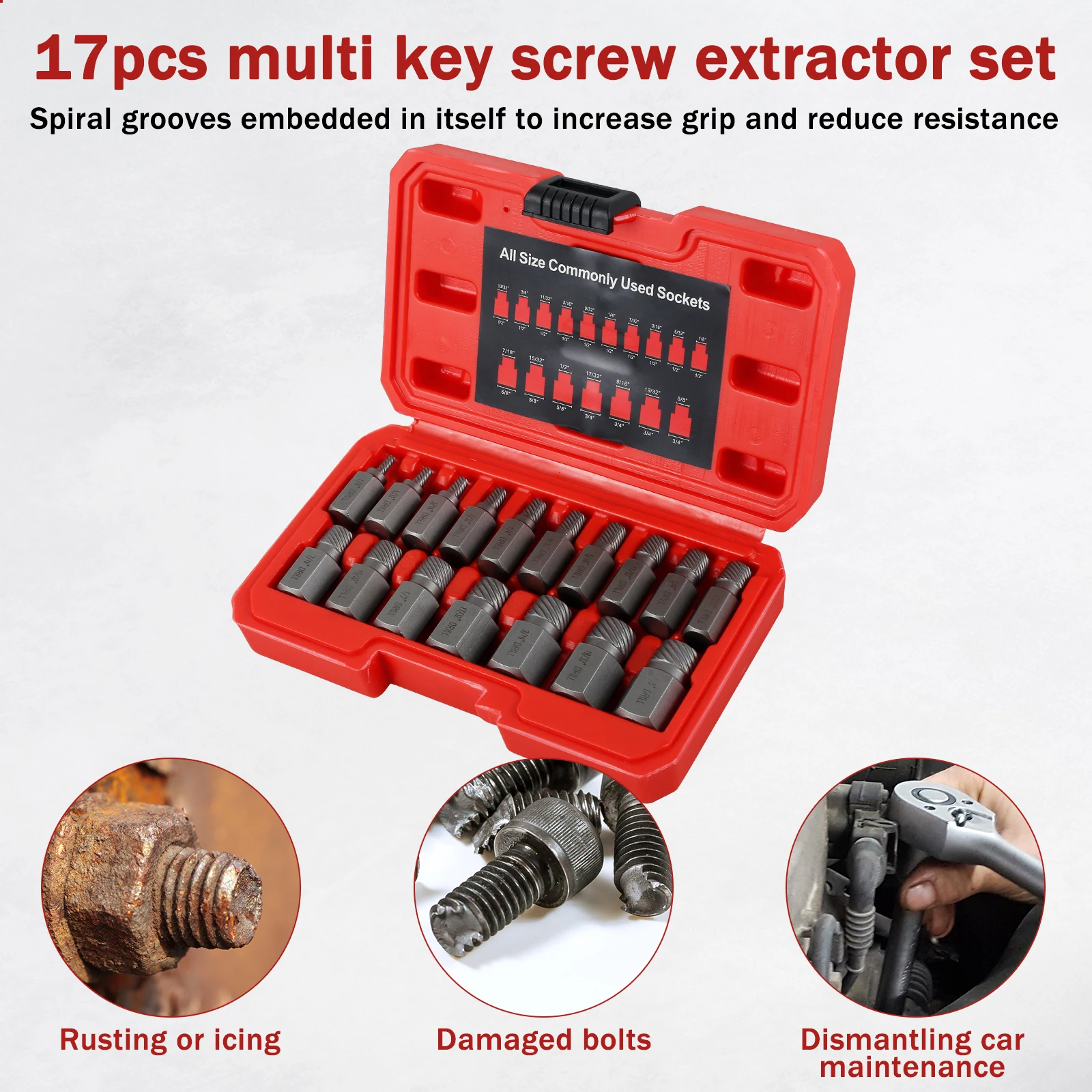 10-Piece Damaged Screw Extractor Set – Left Spiral, Chrome Molybdenum Steel, Hex Head, With Storage Box