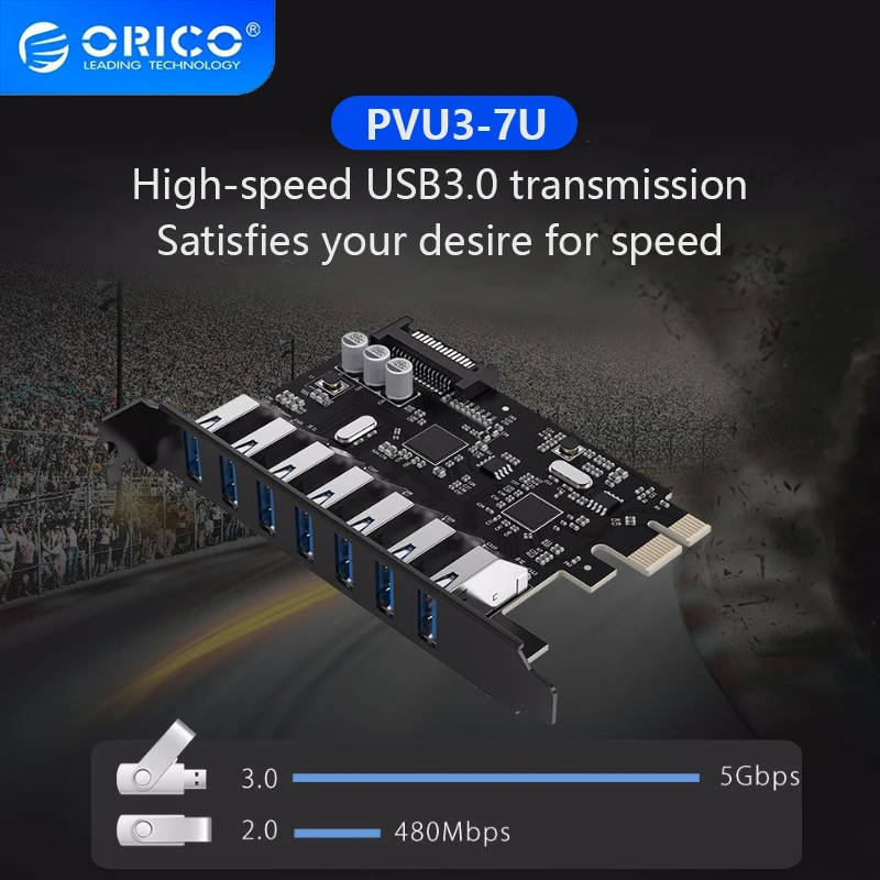 

ORICO PVU3-7U-V1 SuperSpeed USB 3.0 7 Port PCI-E Express Card with a 15pin SATA Power Connector PCIE Adapt VL805 and VL812 PCI-E