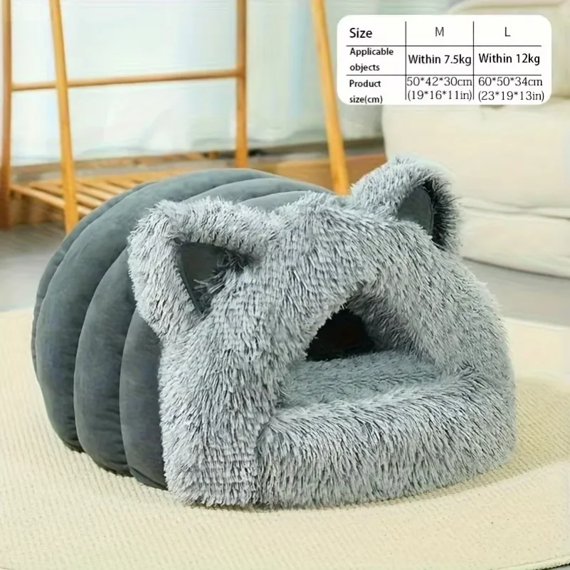 

Enclosed Pet Bed Winter Warm Plush Hooded Cat Bed House with Cute Ears Indoor Nest Cave Comfort Kittens Hideaway for Small Dog
