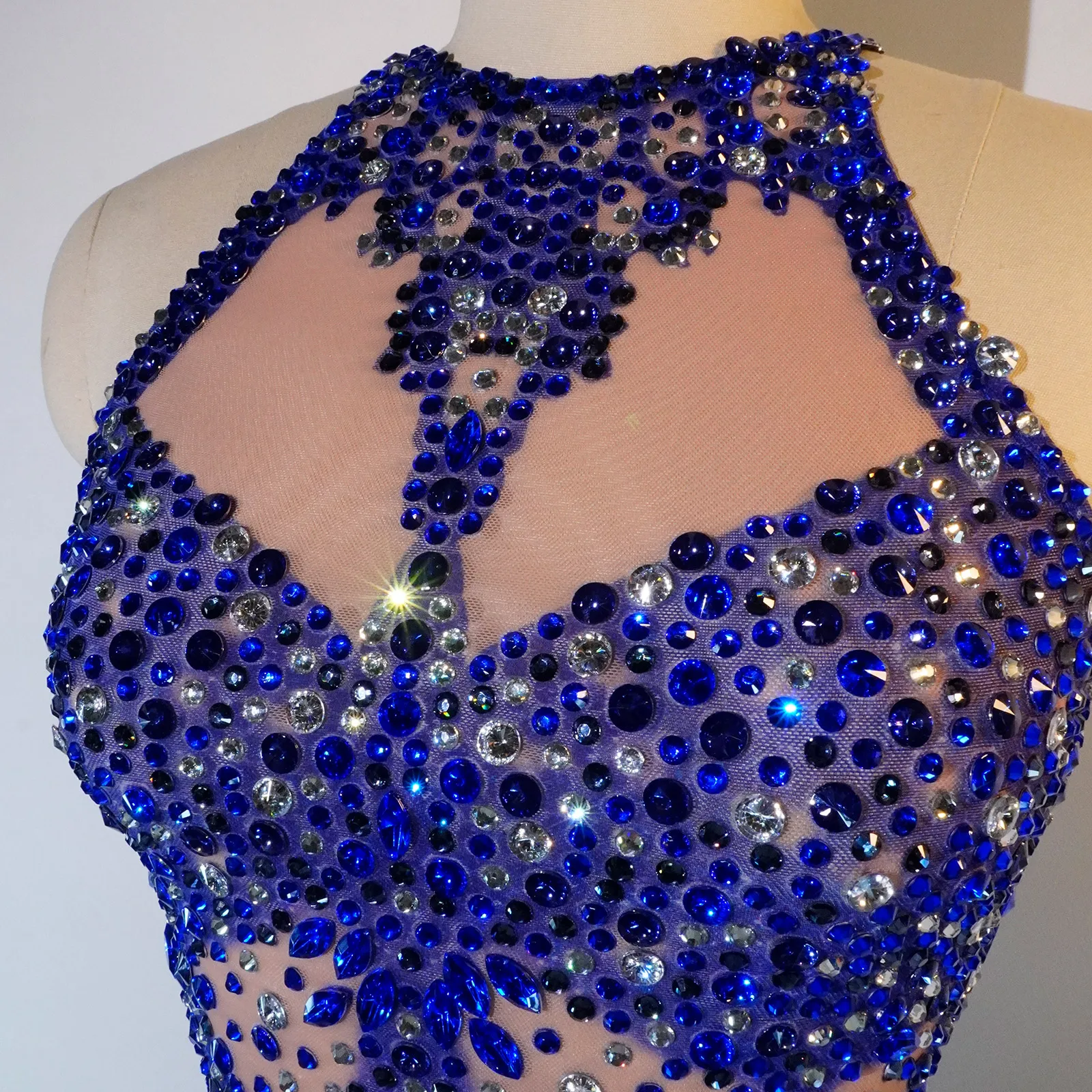 Justaucorps Sexy en Maille Transparente pour Femme Adulte, Costume Drag Queen, Bleu Strass, Batterie, Spectacle de brevsur Scène, Bar, ixd'Anniversaire