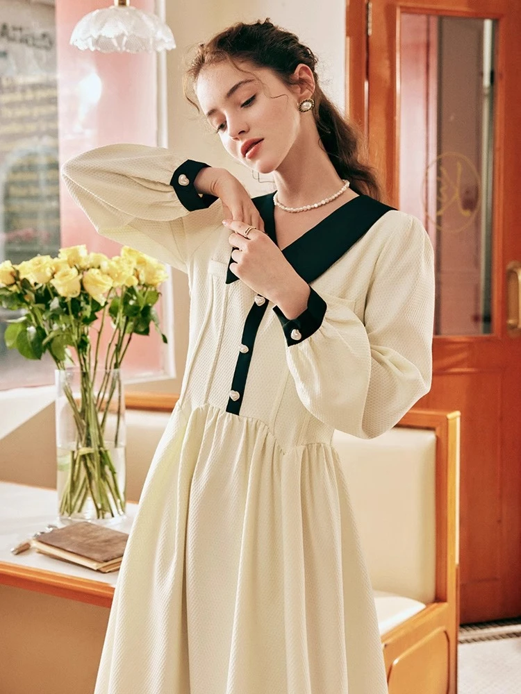 

OLrain Women's French Dress 2025 Autumn New in Turn-down Collar Long Sleeve Dress Elegant Solid Long Female Clothing O22QL66181