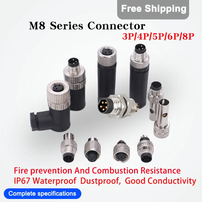 

5/20 Sets M8 Series 3/4/5/6/8 PIN Straight/curved/flange Head IP67 Waterproof Male Female With Shielded Aviation Plug&Socket