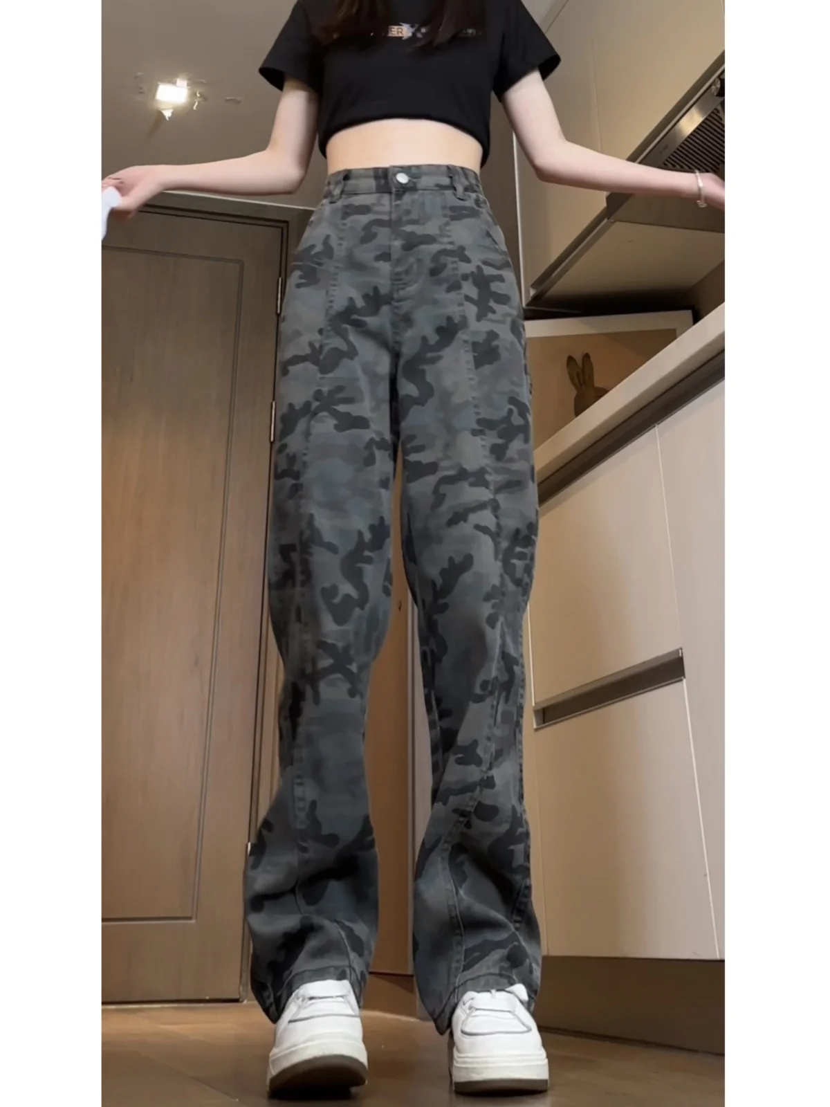 Calças de Trabalho Camufladas Cleanfit para Mulheres, Tamanho Pequeno, Corte A, Cintura Alta, Micro Flare, Estilo Americano