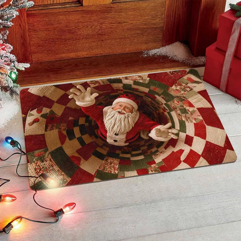 VIKAMA Christmas Santa Rug, 3D Elevator Illusion Small Square Doormat, Soft Fluffy Plush Non Slip Holiday Mat for Entryway