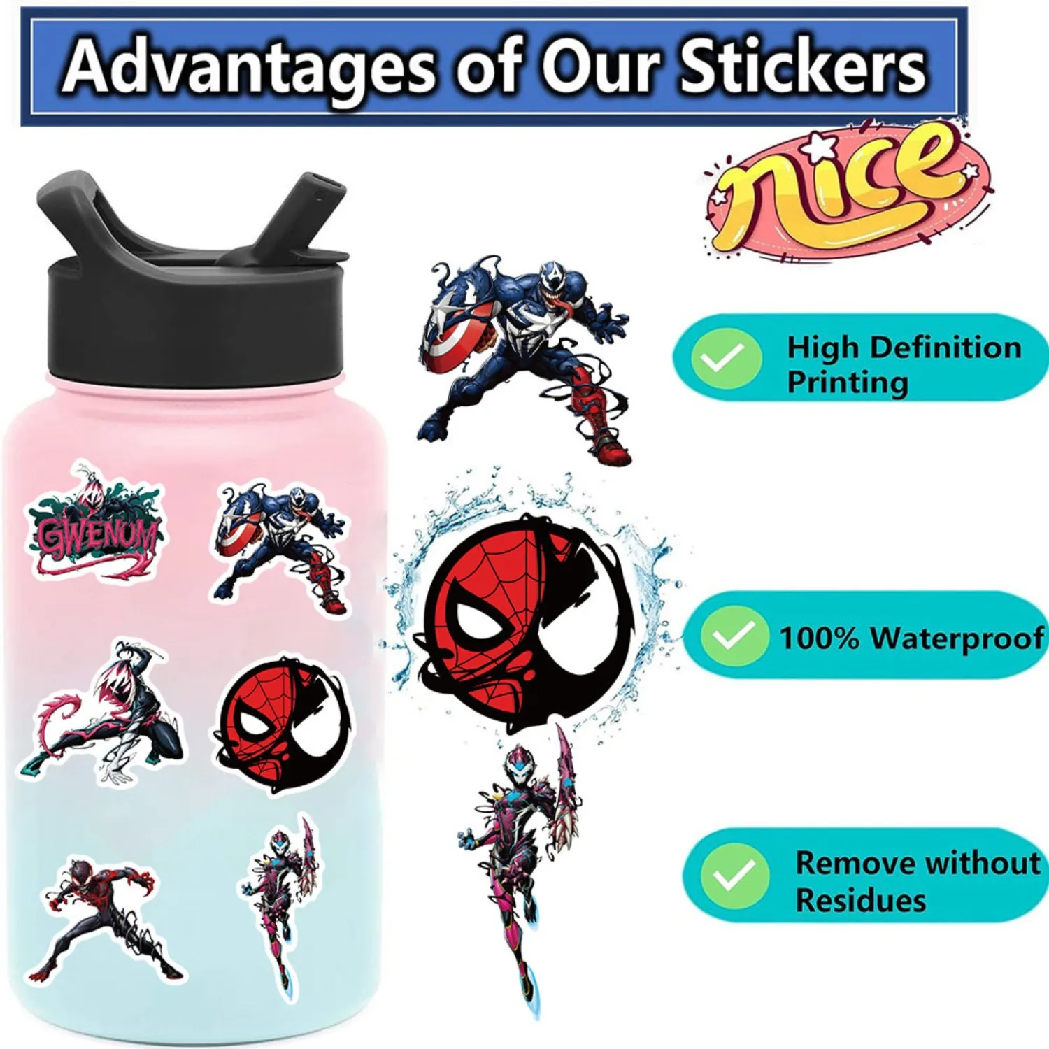 50 Spider-Man Venom Stickers Marvel Superhero Stickers DIY Skateboard Guitar Waterproof Stickers Kids Toys and Gifts