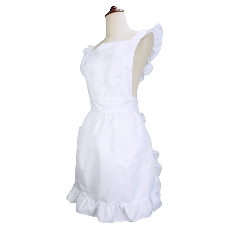 Womens Girls Ruffles Outline Retro White Apron Adjustable Victorian Bib Maid Cosplay Kitchen Cake Baking Cooking Cleaning Costu