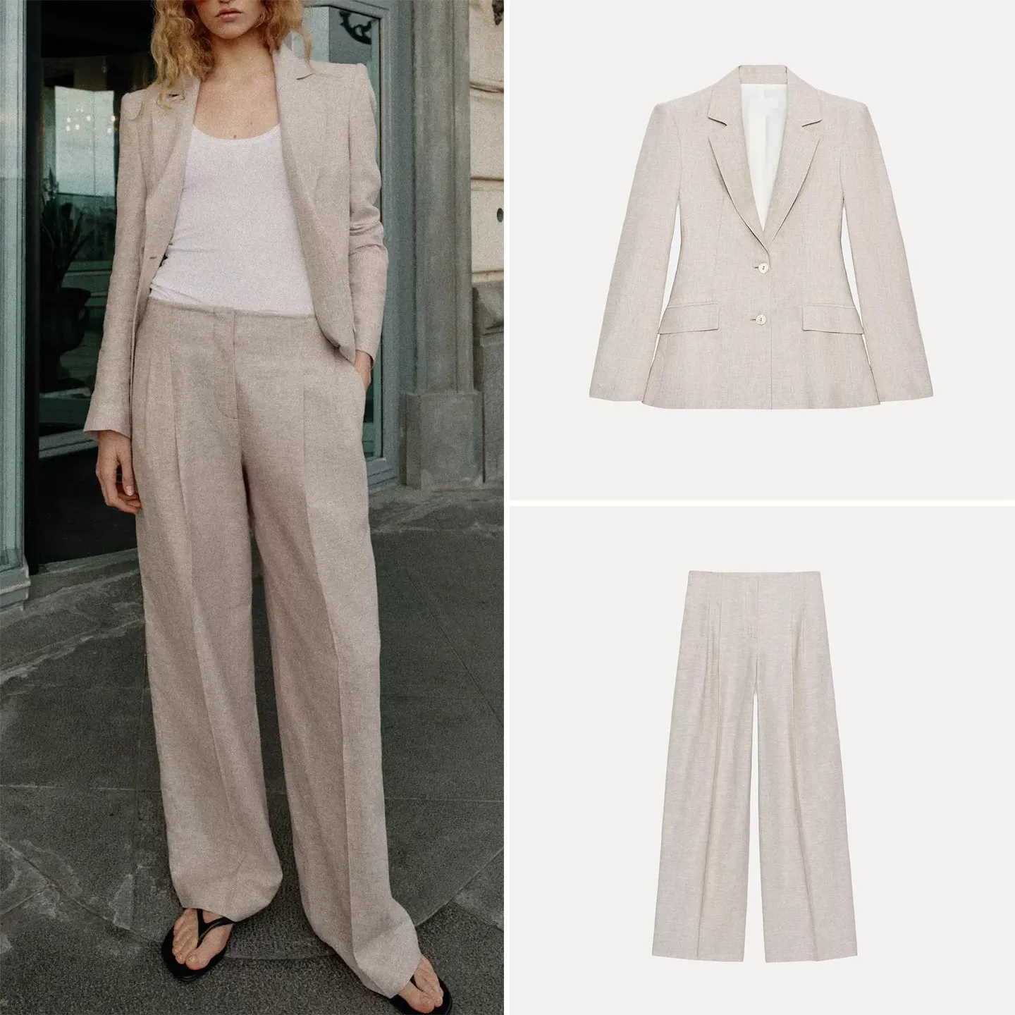 

Women's Summer Long Sleeve Pleated Suit Jacket High Waist Casual Straight Leg Pants Two Piece Set Fashionable Workwear