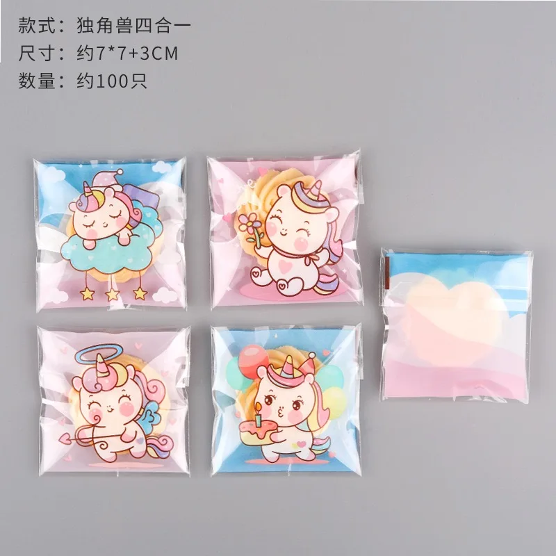 100pcs/lot Cute Unicorn Gift OPP Bags Plastic Self-adhesive Candy Cookies Biscuits Packaging Bags Baby Party Supplies