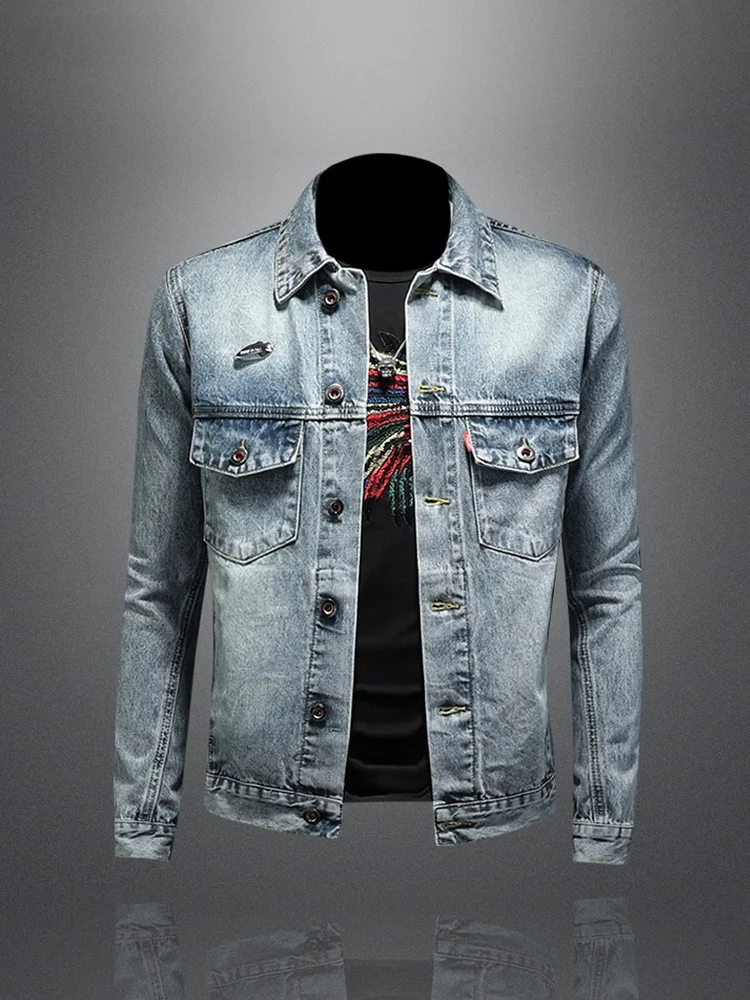 

Vm High-End Men's Jaet Slim Fit Light Blue Workwear Denim Coat Faionable Urban Sle Spring Autumn Outerwear