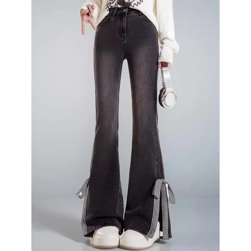 Women's High Waist Flare Jeans with Gingham Bow Split Hem Stretch Denim Bell Bottom Pants