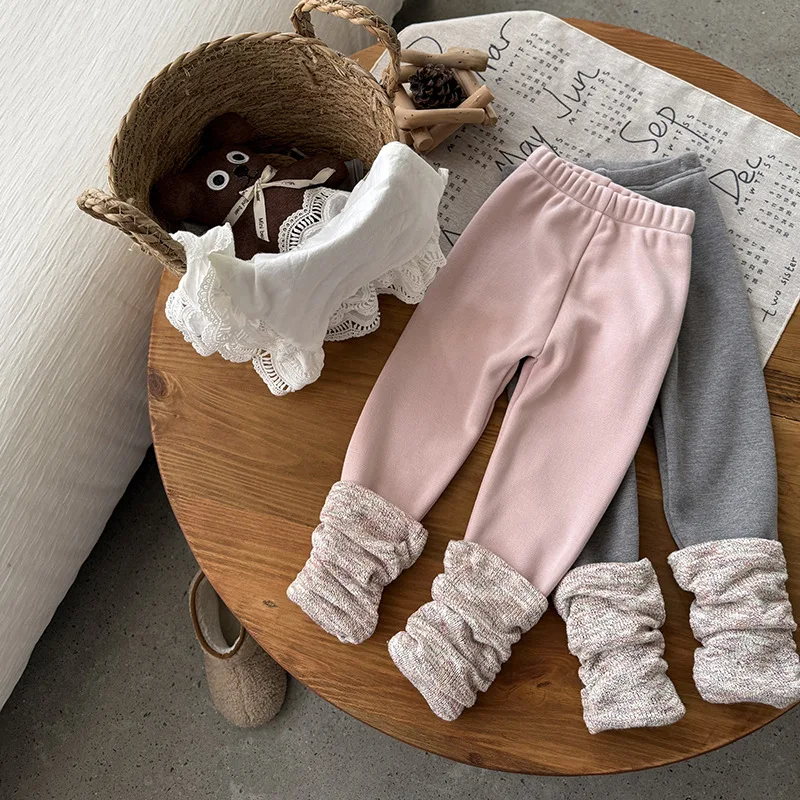 

2025 Autumn/Winter Children's New Fashionable Versatile Cute Clear Color Pants with Woolen Legs and Curly Edges