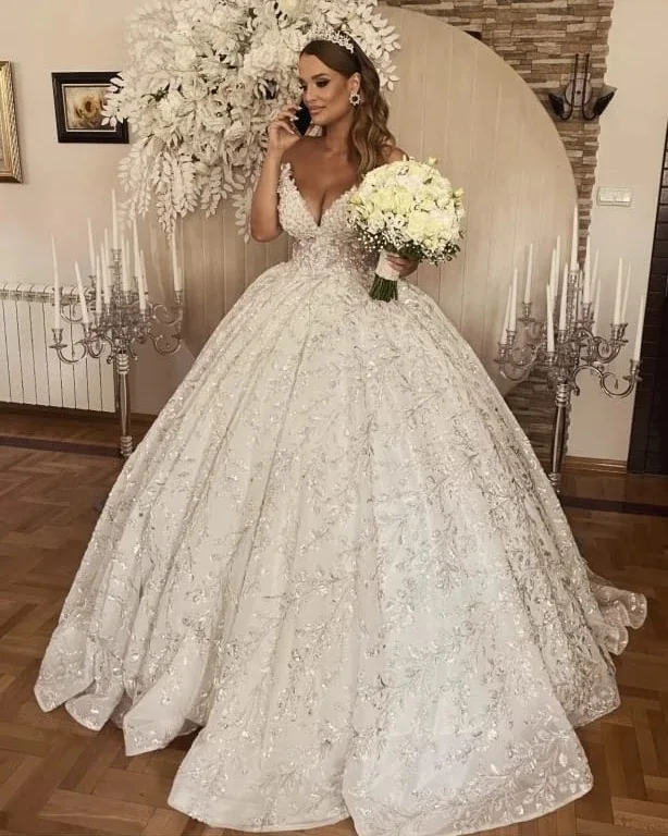 

Luxury Sparkly Wedding Dress for Women V Neck Ball Gown Bridal Dress Elegant Puffy Princess Wedding Gown Vestido De Novia