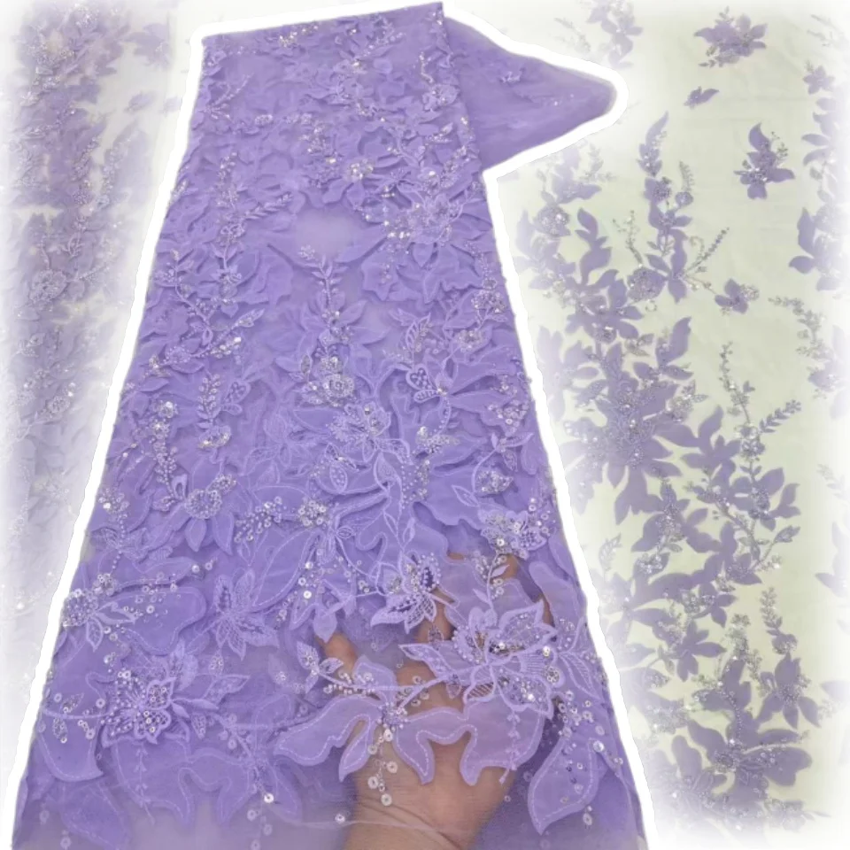 Kain Renda Afrika Berkualitas Tinggi untuk Pengantin Nigeria, Payet Bordir Manik-Manik, Kain Renda Tulle Prancis untuk Pernikahan 5Y SZ1488