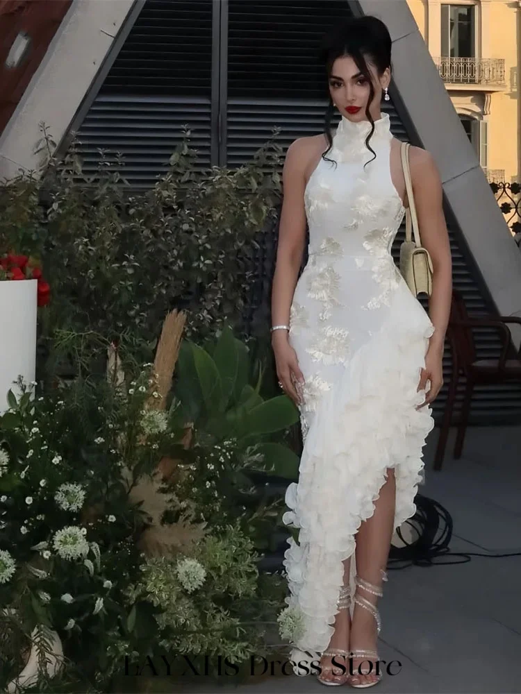 

LAYXHS Изысканные вечерние платья с лямкой на шее и принтом Русалка Hi-Lo Многоуровневые платья для выпускного вечера с рюшами по индивидуальному заказу فساتين سهرة