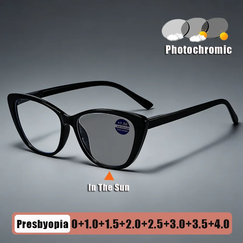 

Women's INS Style Fashion Cat-Eye Photochromic Presbyopia Glasses Large-Frame Comfortable HD Blue Light Blocking Reading Glasses