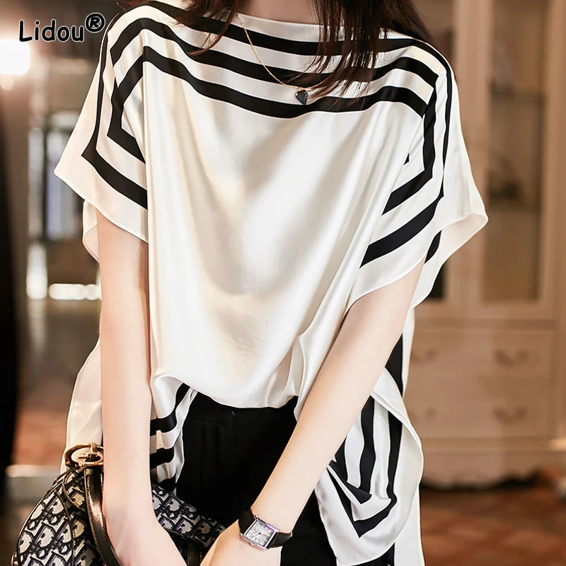 

Casual Loose Slash Neck Temperament Striped Premium T-Shirts Summer Thin Solid Color Elegant Fashion Women's Clothing Korean