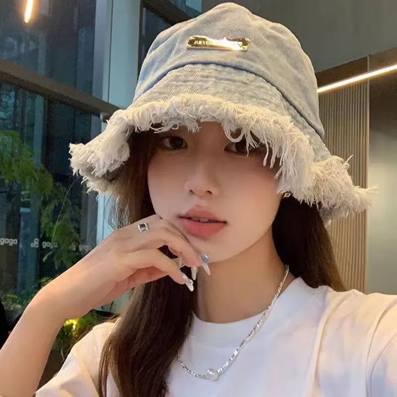 Fashion Washed Raw Edge Denim Bucket Hats for Women\'s Summer Beach Travel Foldable Sunshade Fisherman Hat for Men Fishing Caps