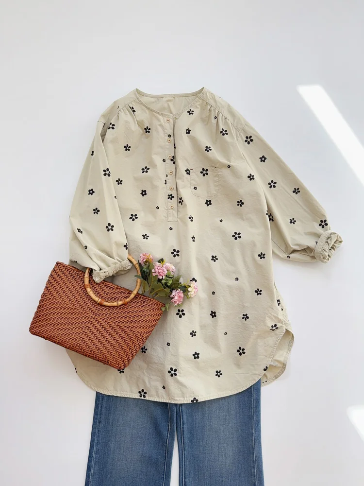 

Artistic Cotton Floral Print Casual round Ne Overhead irt Women's Spring Loose Fit Long Sve Medium Length Cover Belly ...