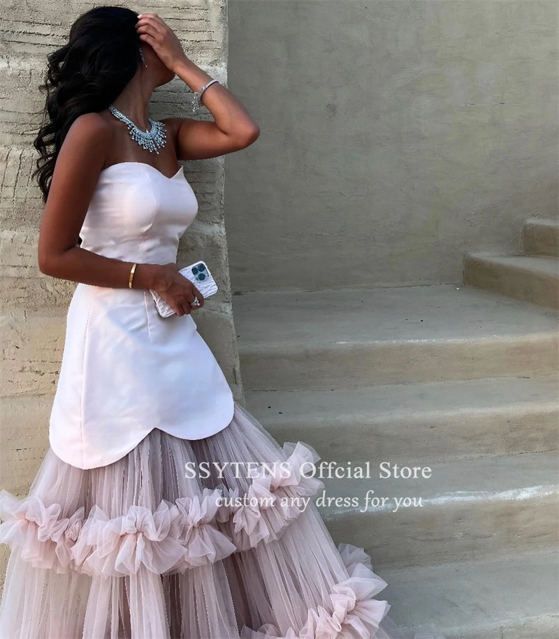 SSYTENS Light Pink Long Evening Party Dresses Customized Tulle Prom Gowns Tiered Pleats Ruched Custom Special Occasion Dress