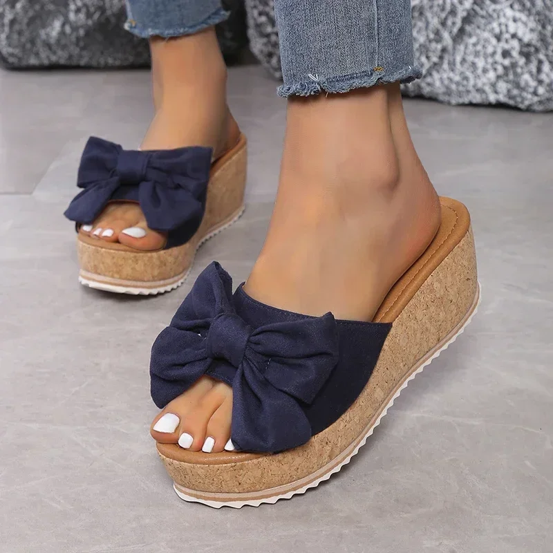 Zapatillas de playa de princesa para mujer, sandalias modernas a la moda para exteriores, zapatillas de cuña con pajarita, toboganes para mujer