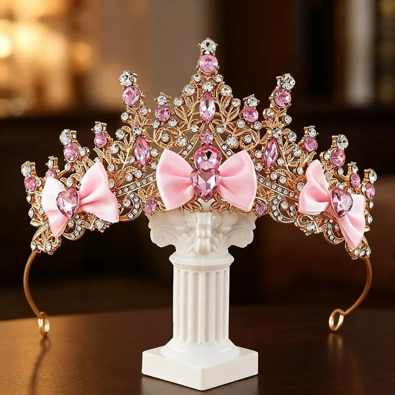 2026 Princess cute luxury Crystal Crown girls Party Wedding pink crown kids bow Hair Headband red fairy crown  Gift