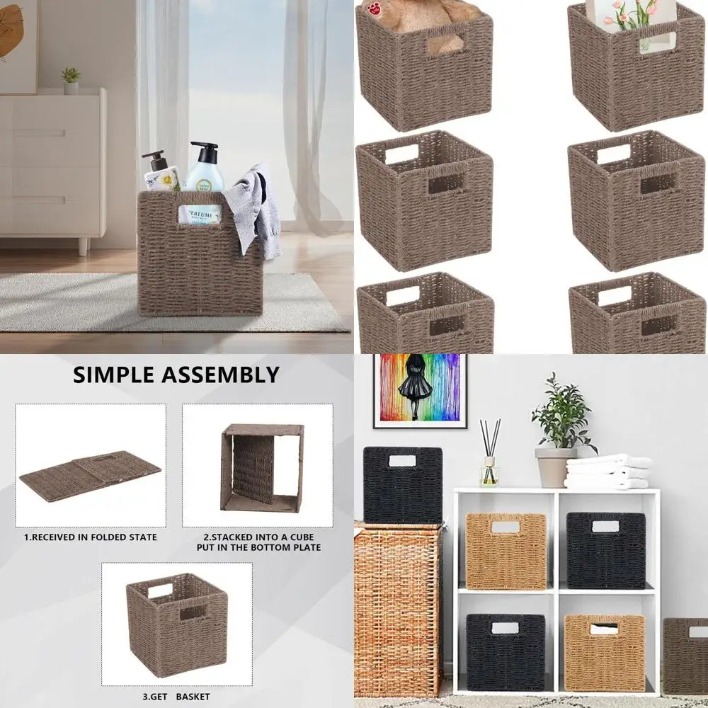 

8.7 Foldable Paper Rope Baskets for Storage and Organization, Decorative Cube Shelves Organizers (Brown)