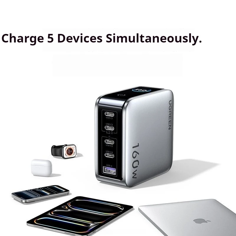 

UGREEN GaN Charger 160W Fast Charging PD3.1 Phone Charger Five Ports USB-C/A AI Smart Display Power Adapter for iPhone Laptops