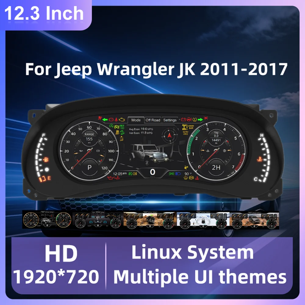 Digital Gauge Cluster for Jeep Wrangler JK 2011-2017 Speedometer Virtual Cockpit Off-Road Upgrade Gauge Panel Plug and Play，12.3'' HD Screen