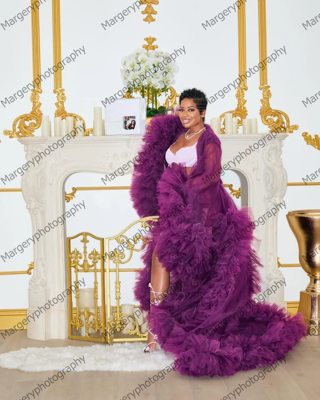 Elegante babados tule vestido de maternidade ver através de mangas alargamento malha feminino ocasião especial vestidos de festa longo robe vestido de baile